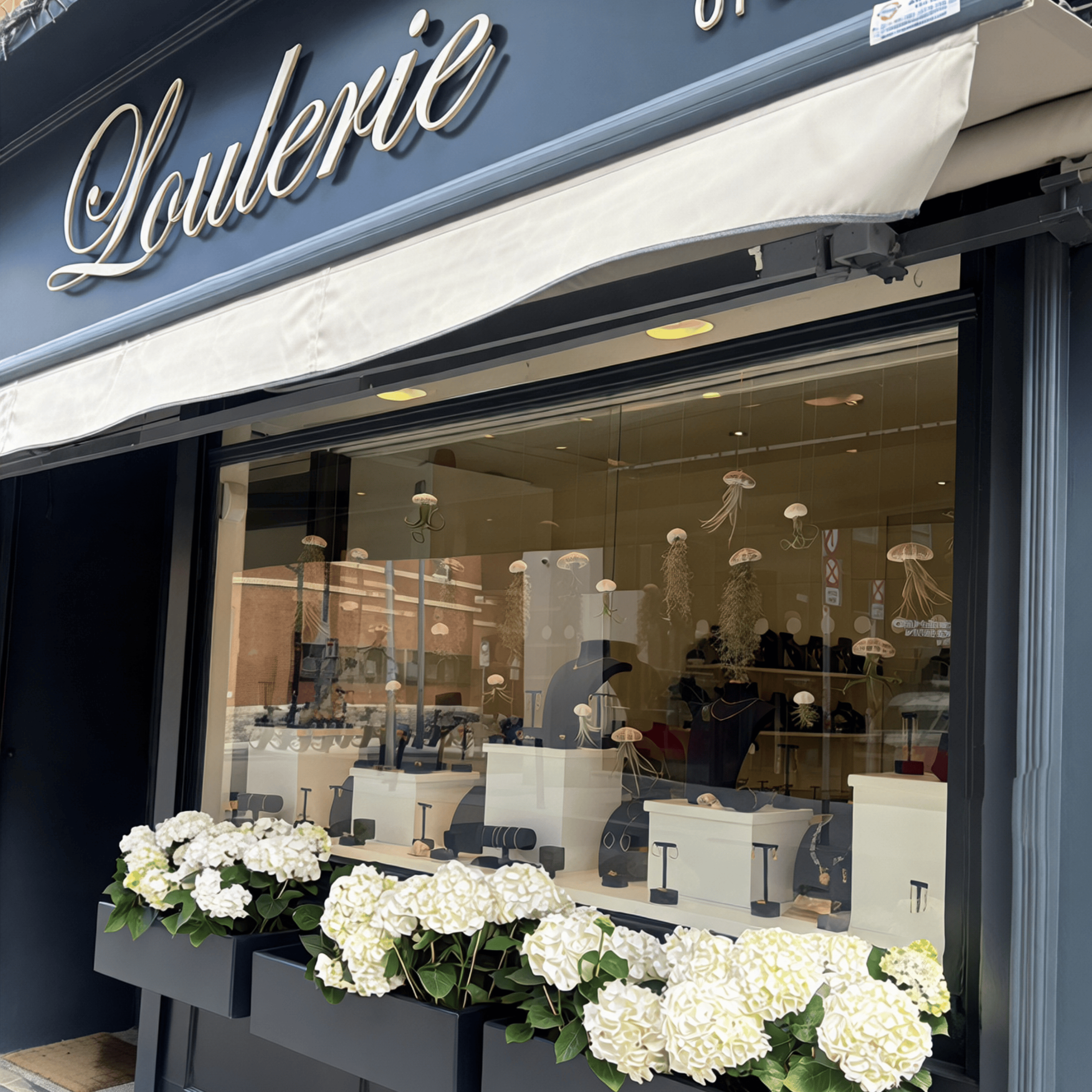 The Loulerie store window in Dublin, featuring a beautiful display of white hydrangeas and a selection of jewellery