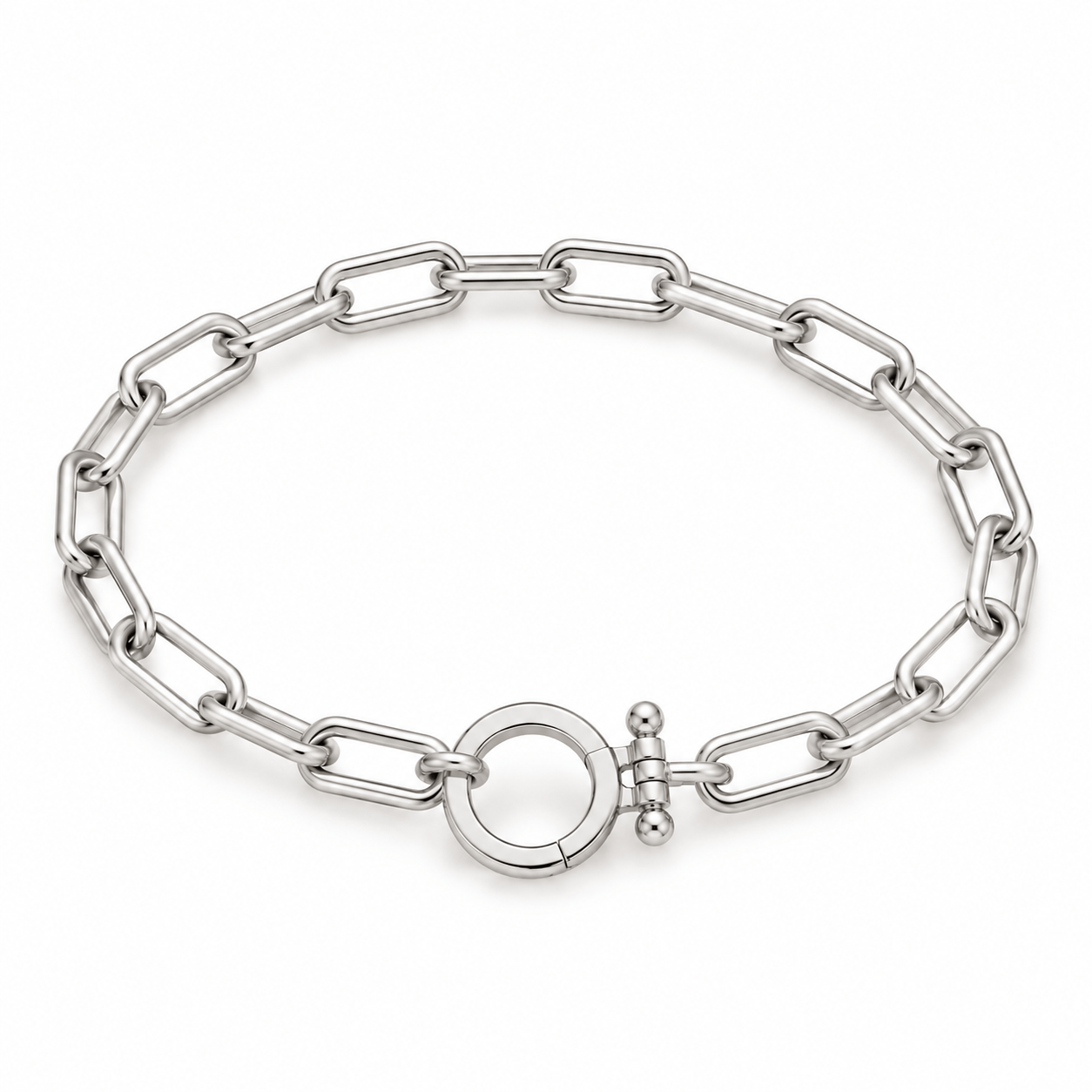A silver-toned chain link bracelet with a large oval ring closure and a toggle clasp, displayed on a clean white background.