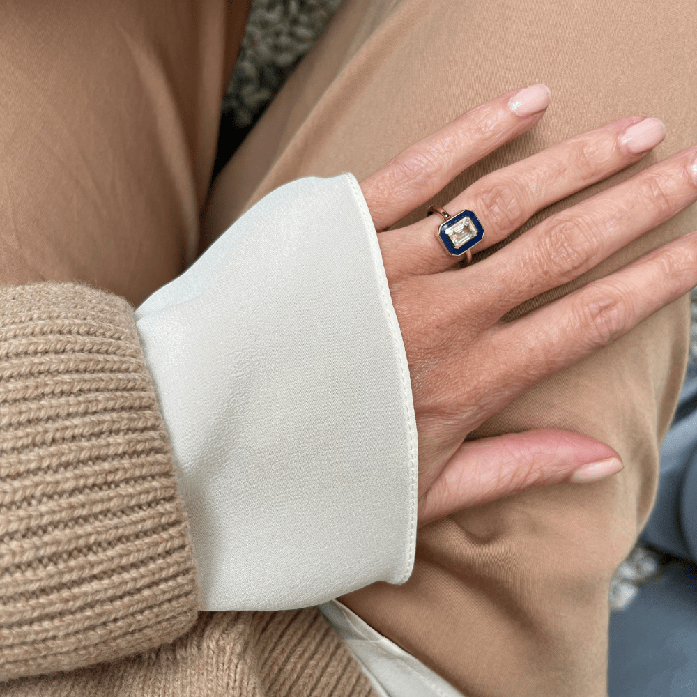 Loulerie White Sapphire Navy Enamel Ring