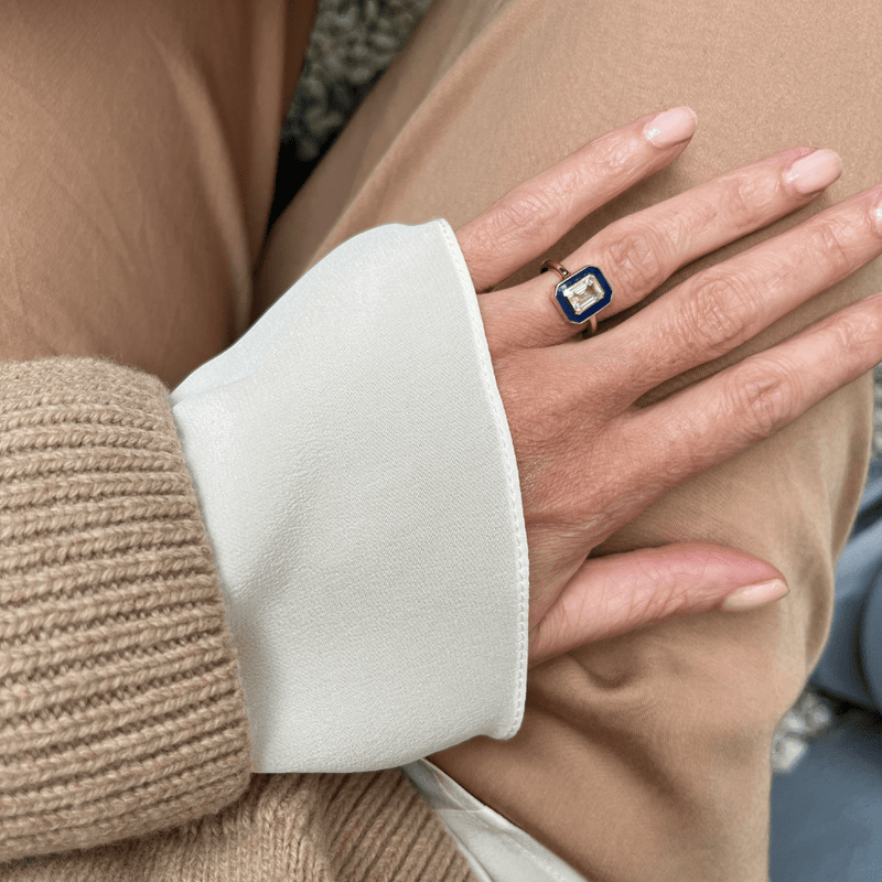 Loulerie White Sapphire Navy Enamel Ring