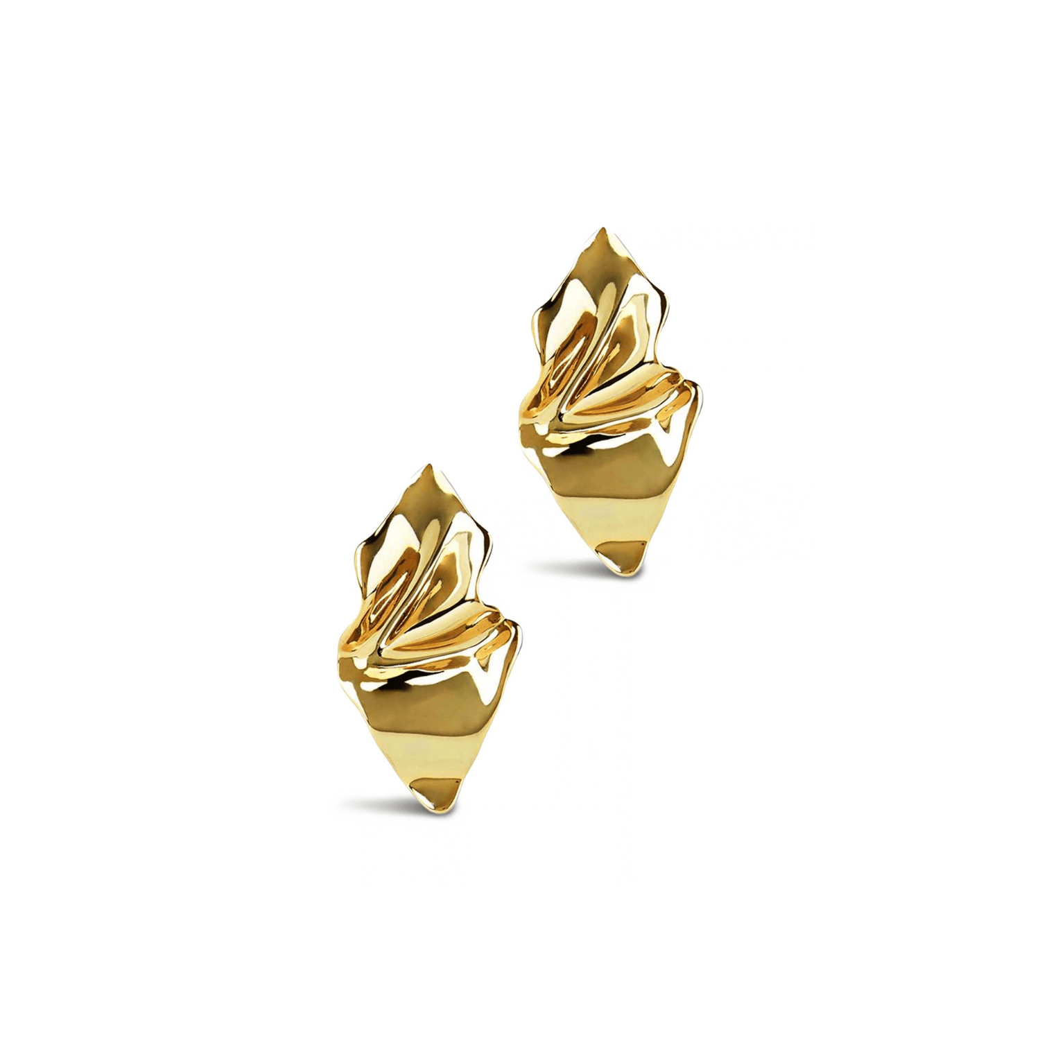 A pair of gold earrings with a sculptural, organic, layered form, shown on a clean white background.