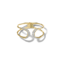 A gold cuff bracelet featuring two interlocking open oval loops, with one loop encrusted with small clear pavé stones.