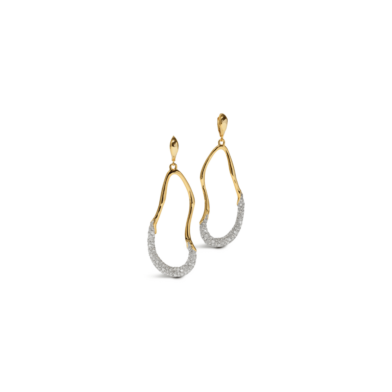 A pair of crystal gold plated teardrop shaped hoop earrings with pavé-set clear stones along the lower curve, shown on a plain white background.