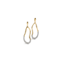A pair of crystal gold plated teardrop shaped hoop earrings with pavé-set clear stones along the lower curve, shown on a plain white background.