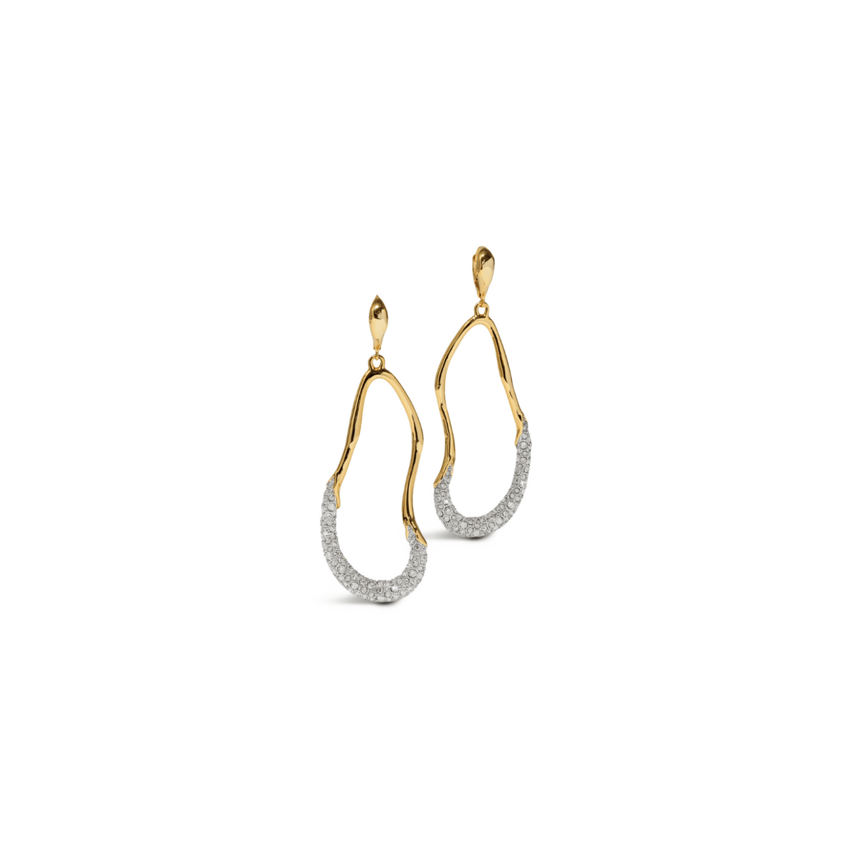 A pair of crystal gold plated teardrop shaped hoop earrings with pavé-set clear stones along the lower curve, shown on a plain white background.