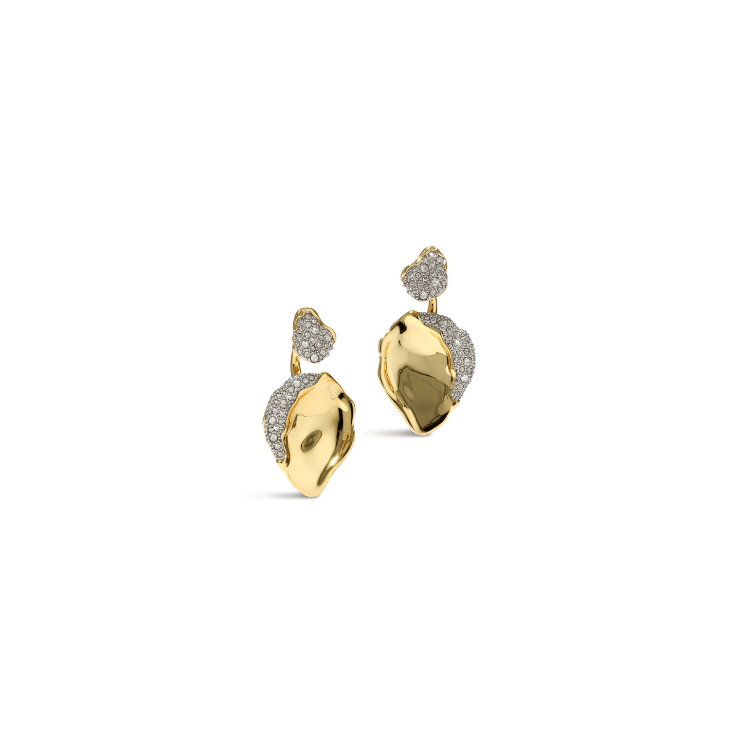 A pair of gold leaf-shaped drop earrings with textured gold and pavé-set clear stones, shown on a plain white background.