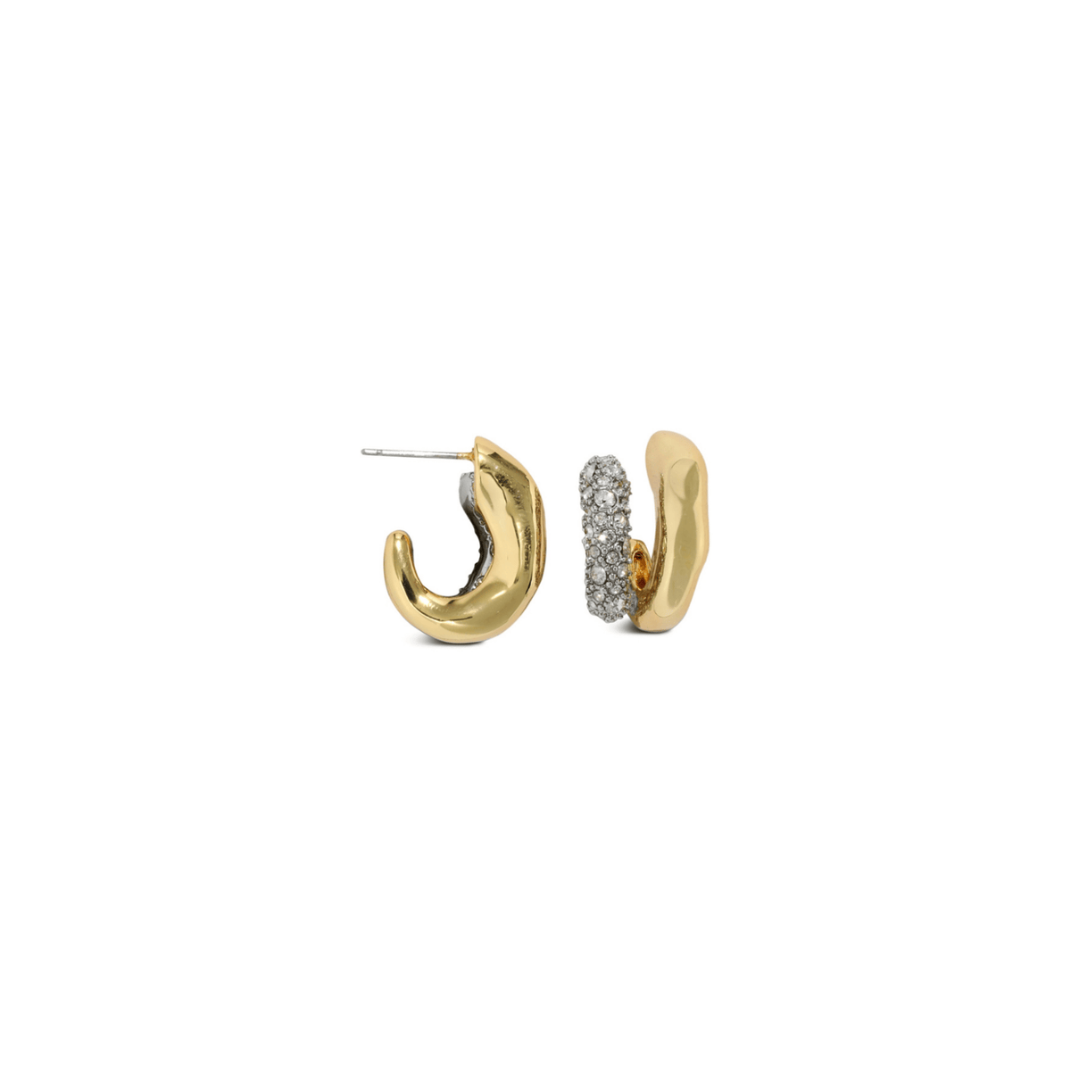 A pair of gold huggie hoop earrings, one shown from the front with a row of small clear pavé-set stones and the other from the side showing the post, on a plain white background.