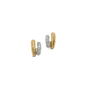 A pair of small gold huggie hoop earrings, one featuring a pavé-set silver-toned, shown on a solid white background.