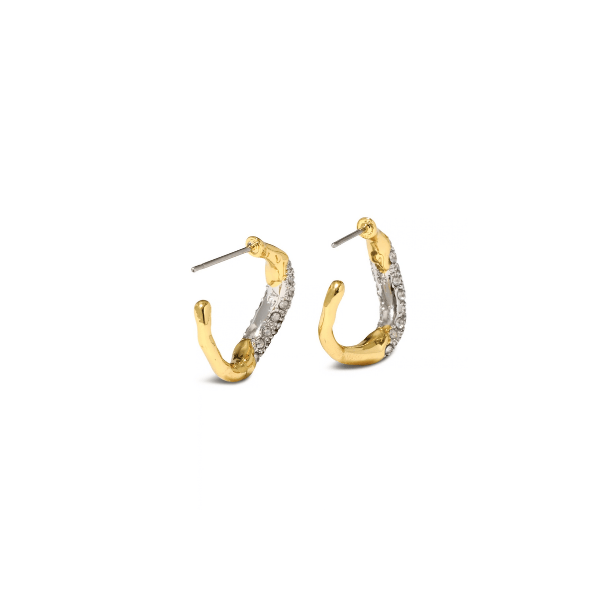 A pair of gold and silver hoop earrings with clear crystal accents, shown on a plain white background.