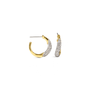 A pair of gold hoop earrings with a curved row of clear pavé stones, shown on a plain white background.