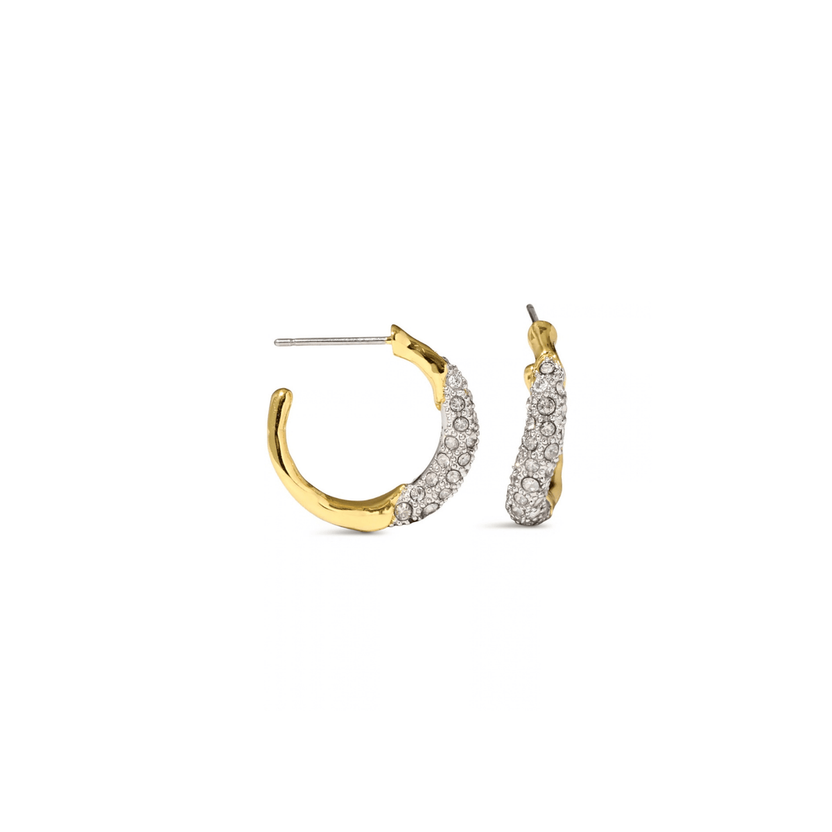 A pair of gold hoop earrings with a curved row of clear pavé stones, shown on a plain white background.