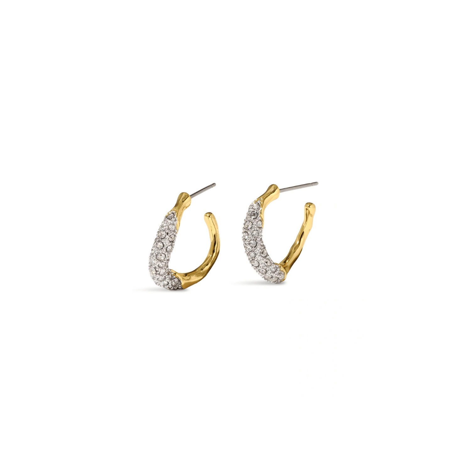 A pair of gold huggie hoop earrings with a curved row of clear pavé stones, shown on a plain white background.
