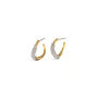 A pair of gold huggie hoop earrings with a curved row of clear pavé stones, shown on a plain white background.