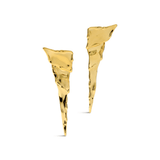A pair of gold earrings with a textured, organic, hammered finish, displayed on a clean white background.