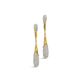 Pair of gold and crystal pave earrings on a white background