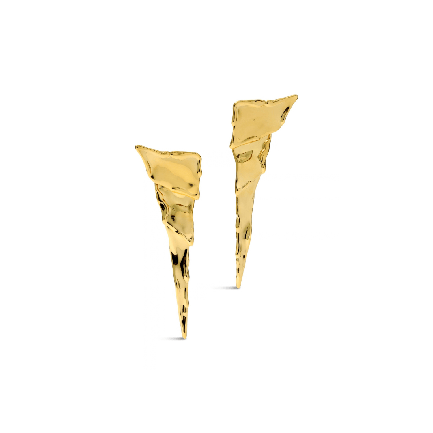 A pair of gold earrings with a textured, organic, hammered surface, shown on a plain white background.