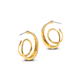 A pair of gold hoop earrings with a textured, organic wavy design and silver-tone post backs, shown on a clean white background.