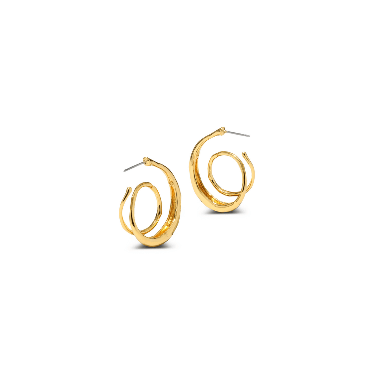 A pair of gold hoop earrings with a textured, hammered finish and a double-loop design, shown on a clean white background.