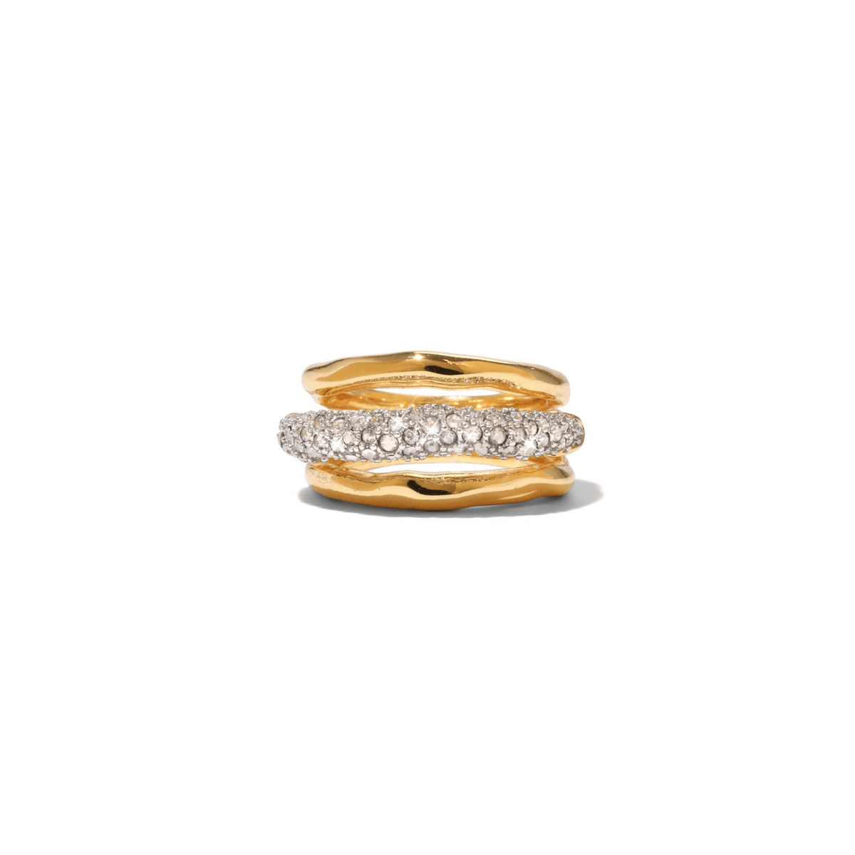 A stack of three rings on a plain white background. The top and bottom rings are wavy yellow gold bands, and the center ring is a slim silver band paved with small clear stones.