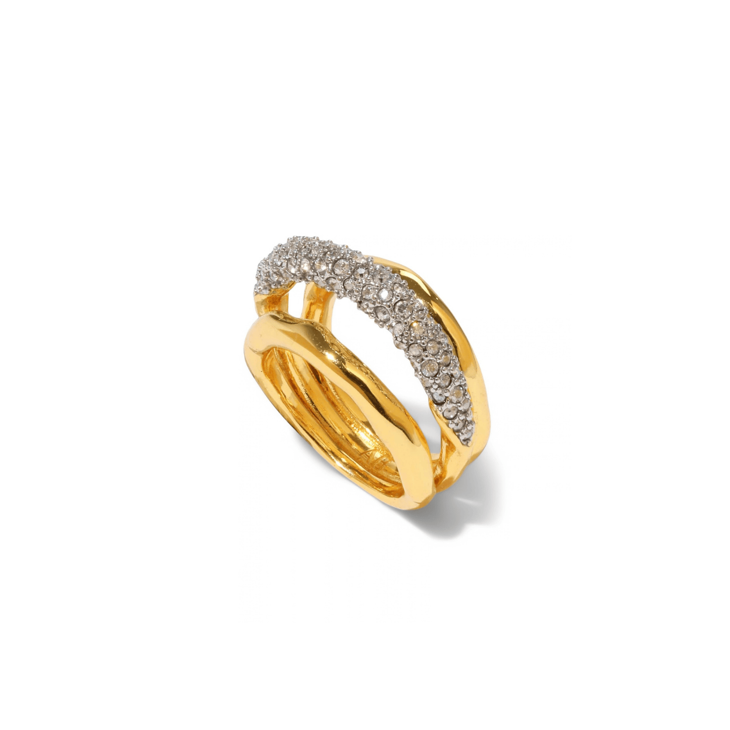 A gold-plated ring with a triple-band design, featuring one band paved with small clear stones and the other with a polished gold finish, set against a plain white background.