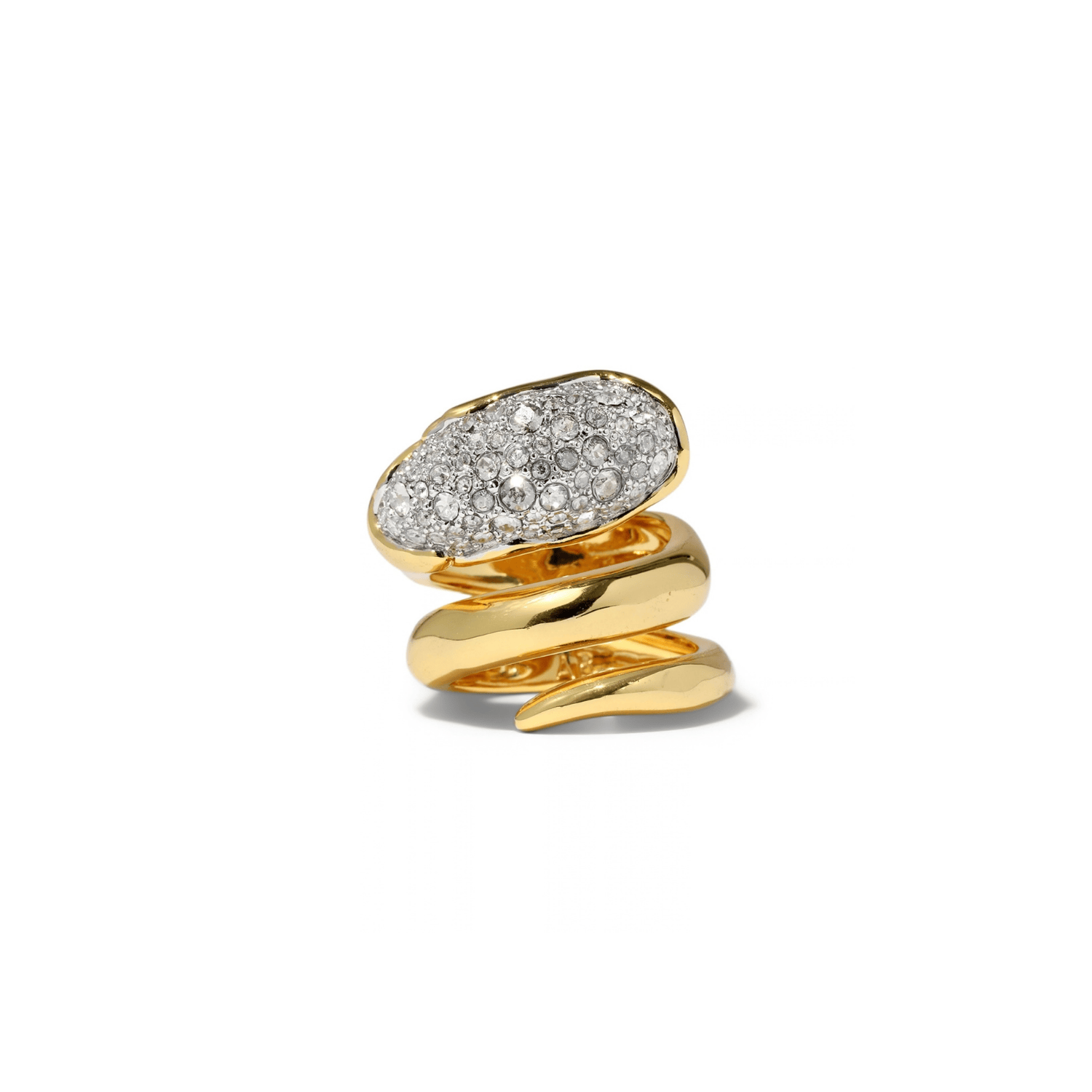 A gold wrap-style ring featuring an oval pavé diamond setting on a clean white background.