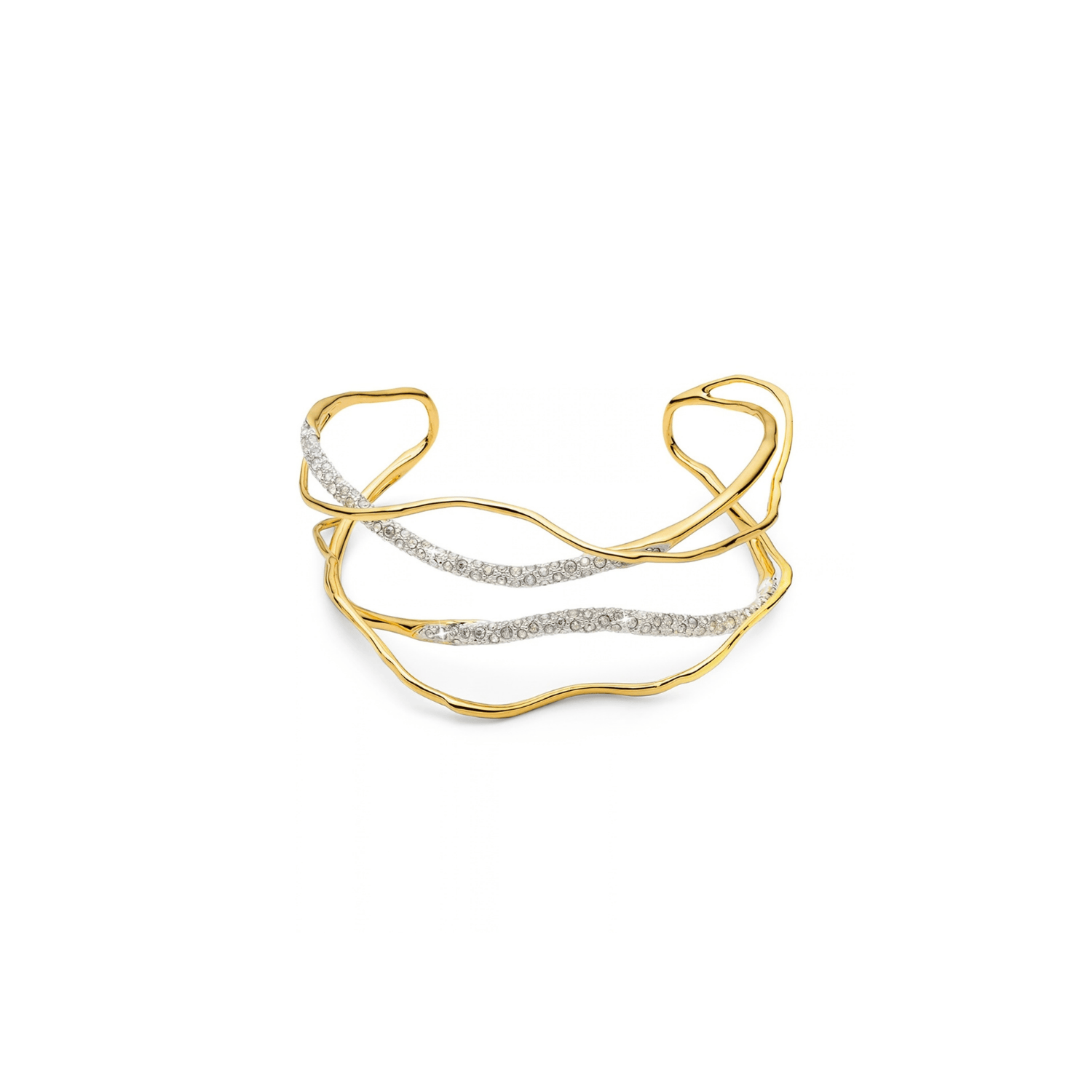 A gold abstract wavy cuff bracelet with two inlaid rows of small clear pavé stones, photographed on a solid white background.