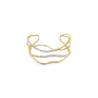 A gold abstract wavy cuff bracelet with two inlaid rows of small clear pavé stones, photographed on a solid white background.