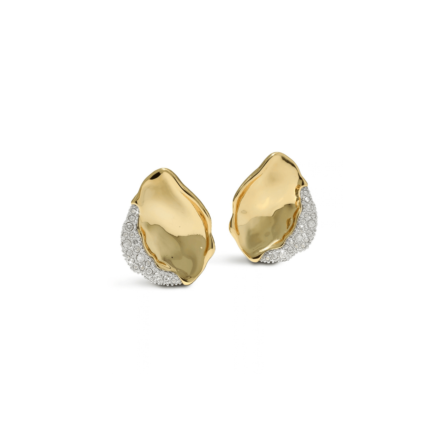 A pair of gold plated and crystal gold earrings with organic, irregular shapes, featuring a pavé diamond border on a white background.
