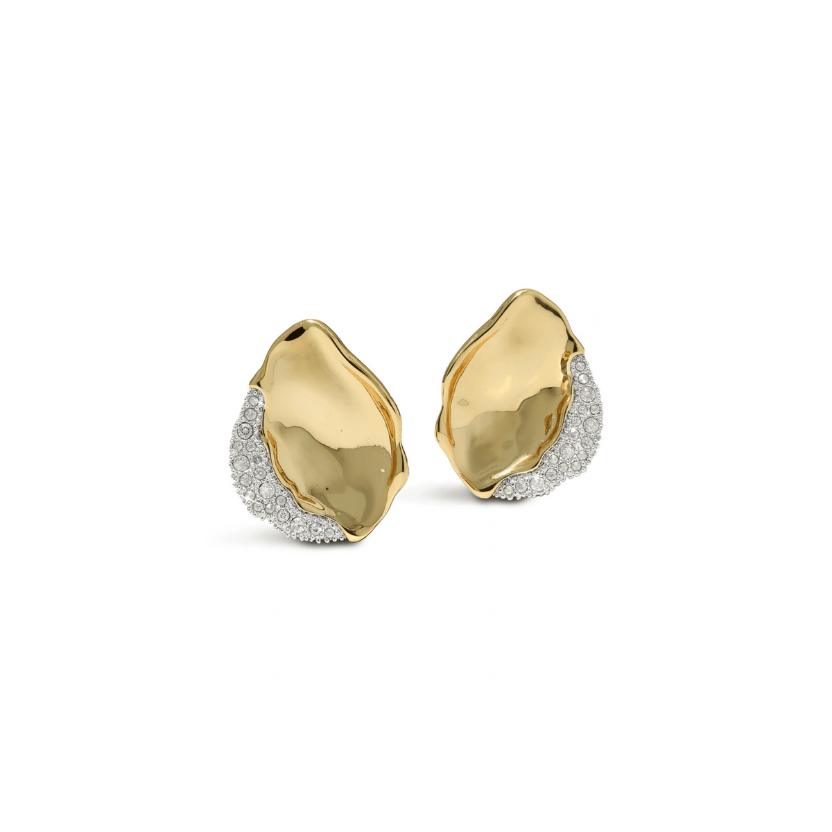 A pair of gold plated and crystal gold earrings with organic, irregular shapes, featuring a pavé diamond border on a white background.