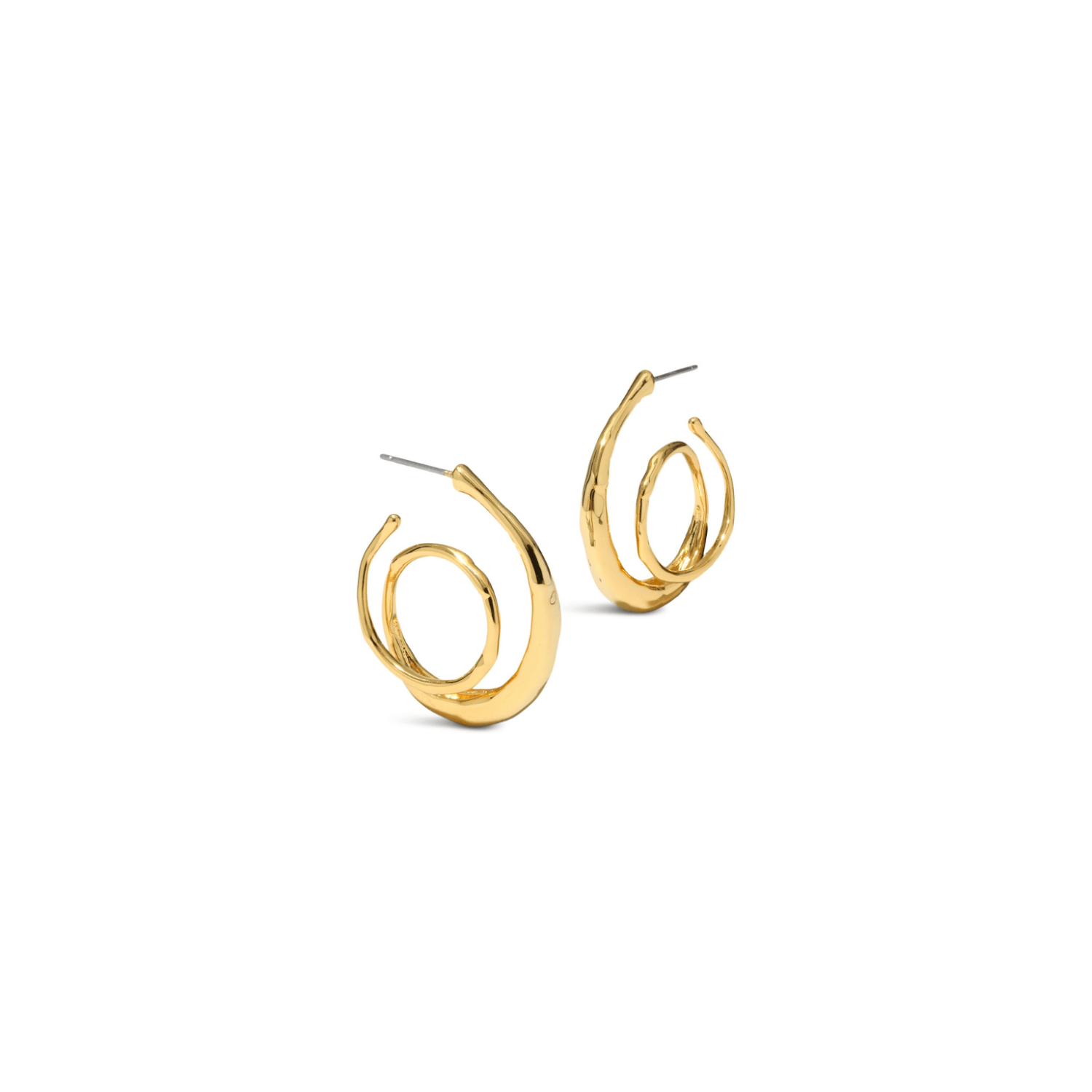 A pair of gold-toned spiral hoop earrings with post backs, shown on a plain white background.