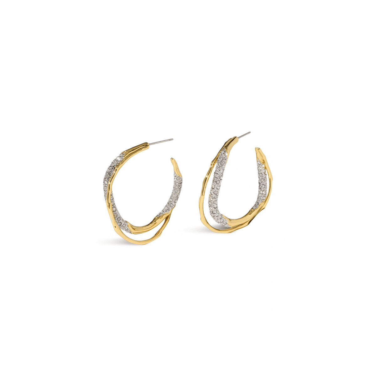 A pair of gold and silver hoop earrings with a textured, organic wavy design, shown on a plain white background.