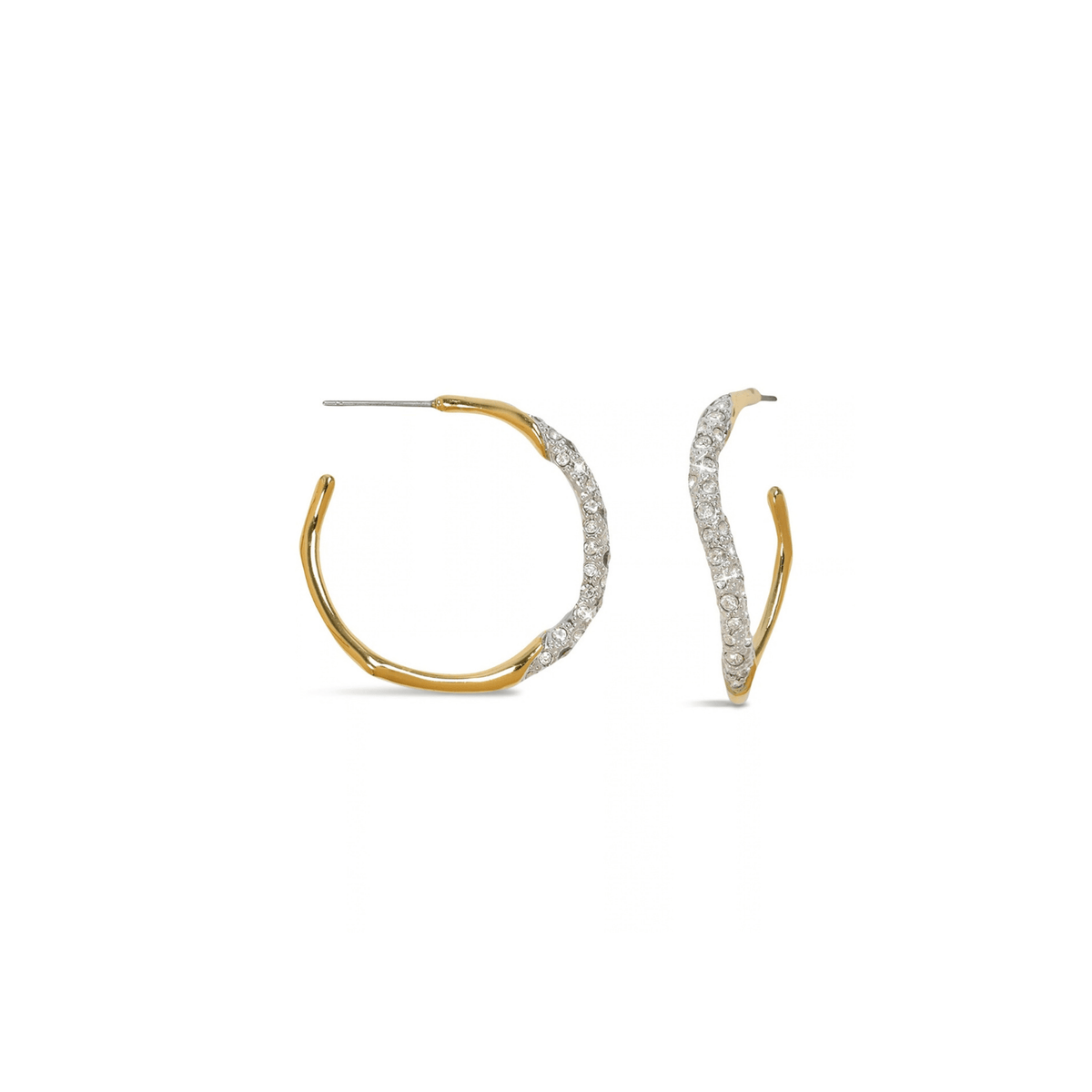A pair of gold hoop earrings with a curved, wavy design and a row of clear pavé-set stones along the front, shown against a plain white background.