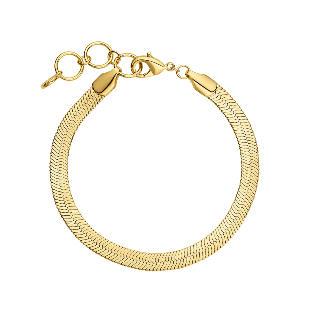 Gold bracelet with a textured design on a white background