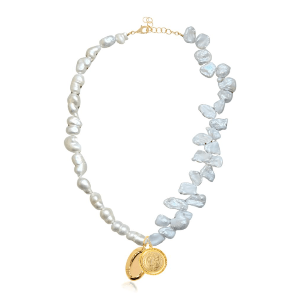 two textured pearl necklace with gold plated charms attached 