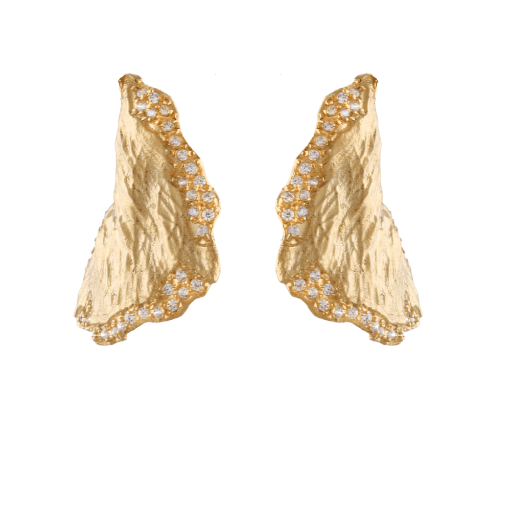 Gold earrings with textured design and embedded stones 