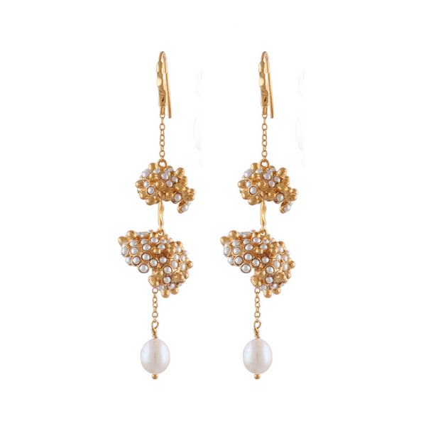 Gold earrings with pearl drops on a white background