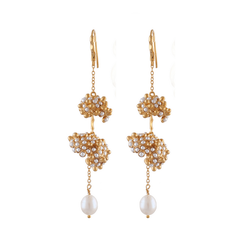 Gold earrings with pearl drops on a white background