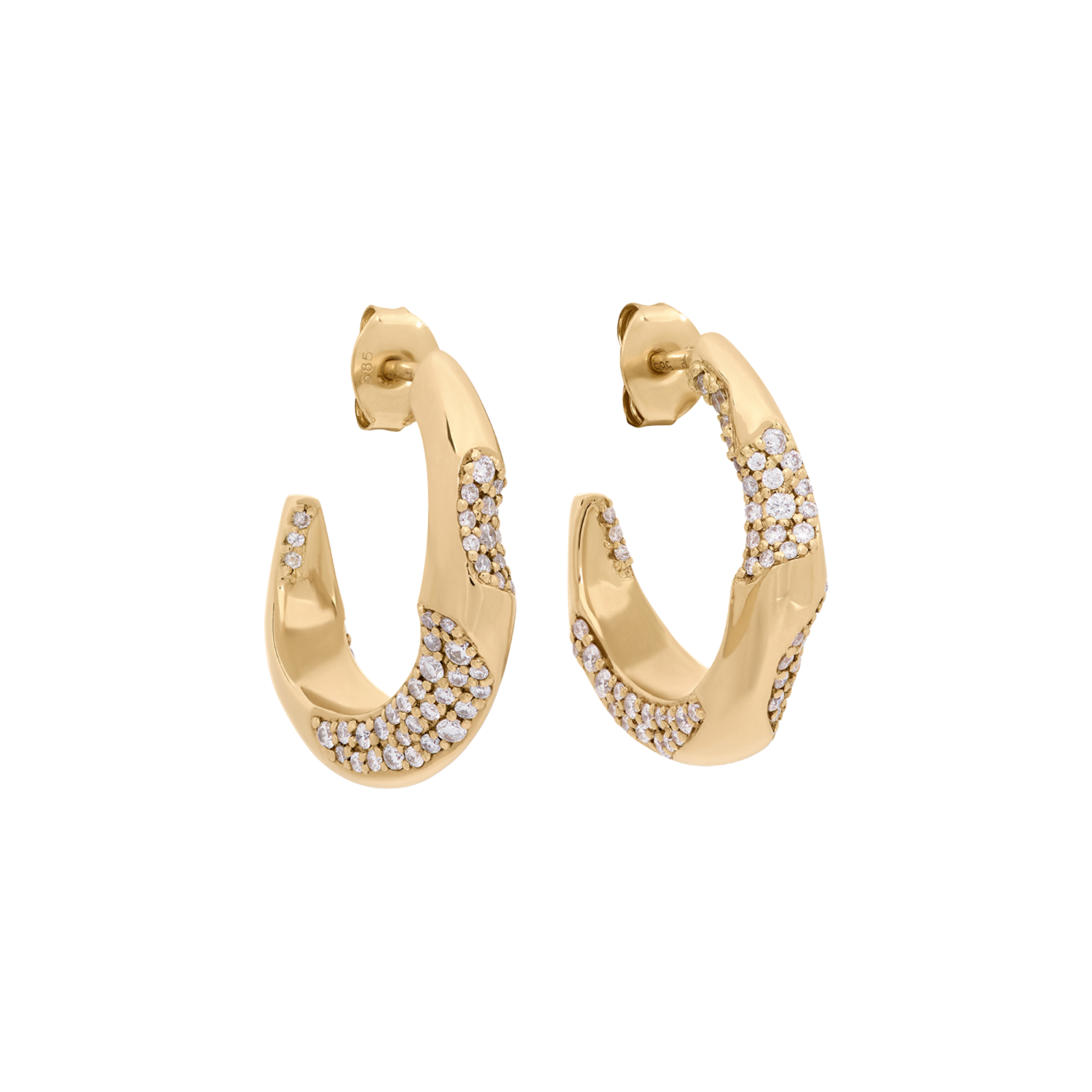 A pair of gold huggie hoop earrings with pavé-set clear stones, shown against a plain white background.