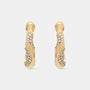 A pair of gold huggie hoop earrings with pavé-set clear stones, shown against a light gray background.