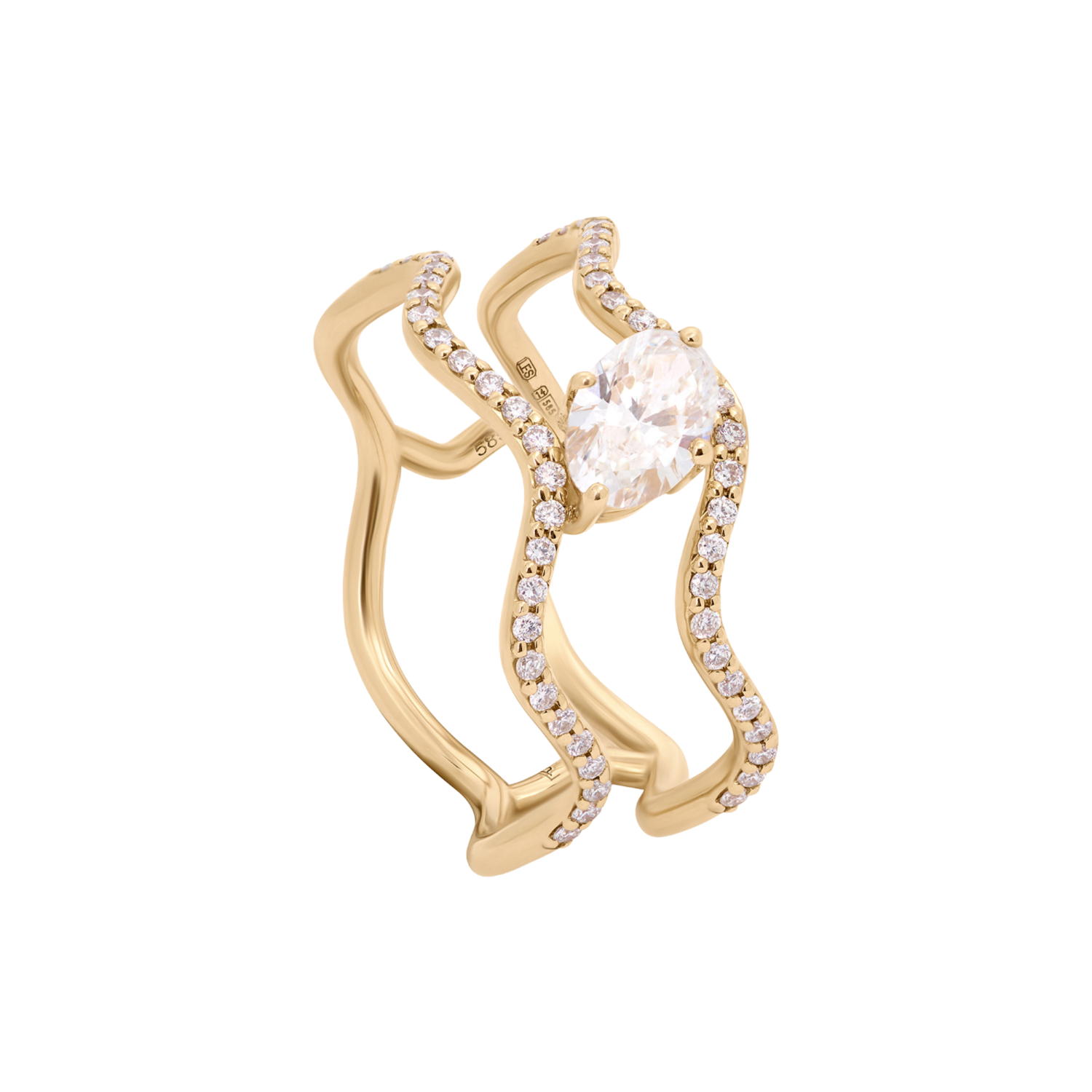 A gold ring with a wavy, double-band design accented by small clear pavé stones and a large round clear center stone, shown on a plain white background.