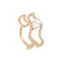 A gold ring with a wavy, double-band design accented by small clear pavé stones and a large round clear center stone, shown on a plain white background.