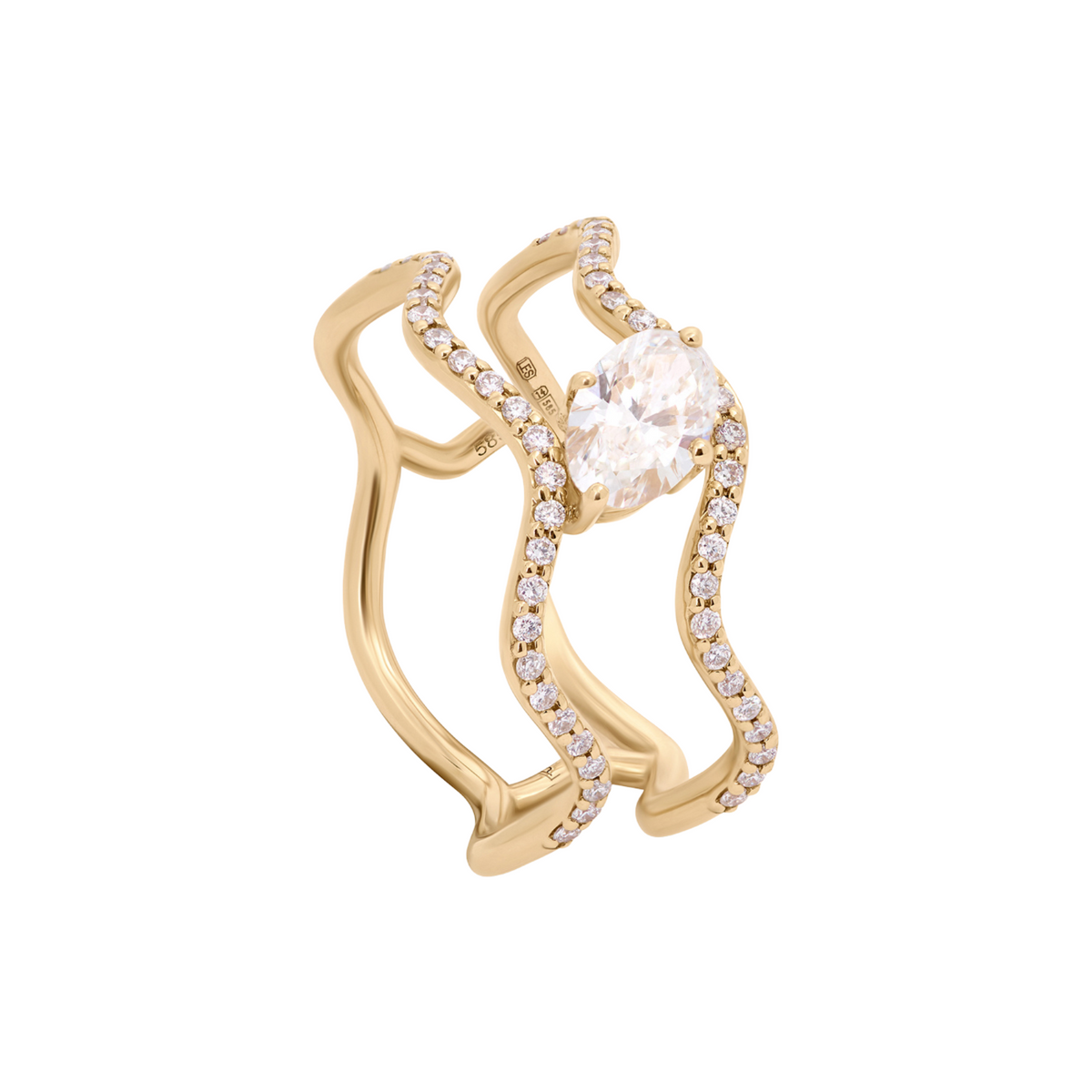 A gold ring with a wavy, double-band design accented by small clear pavé stones and a large round clear center stone, shown on a plain white background.