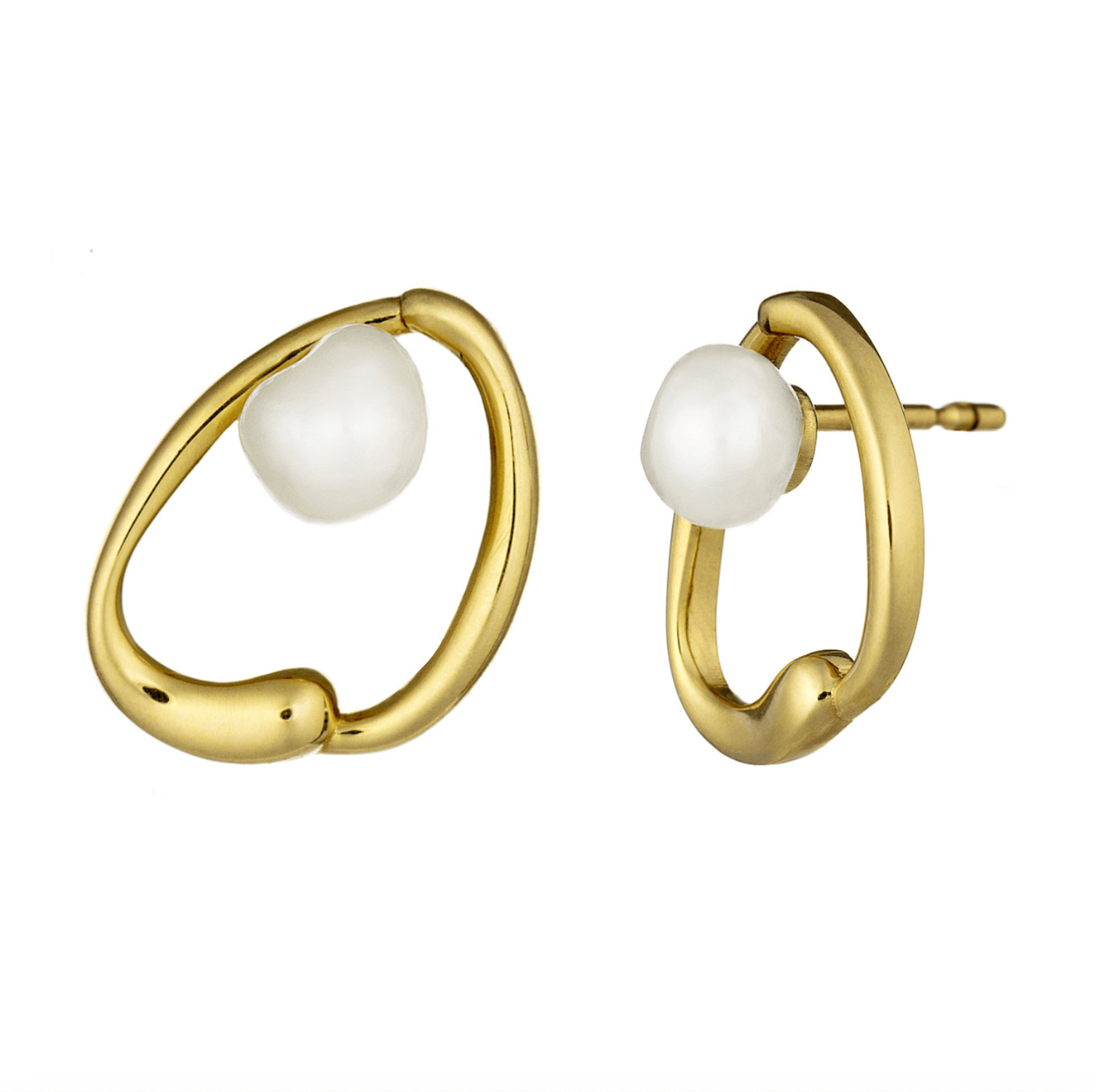 A pair of gold hoop earrings with a white baroque pearl set in the center of each earring, shown against a plain white background.