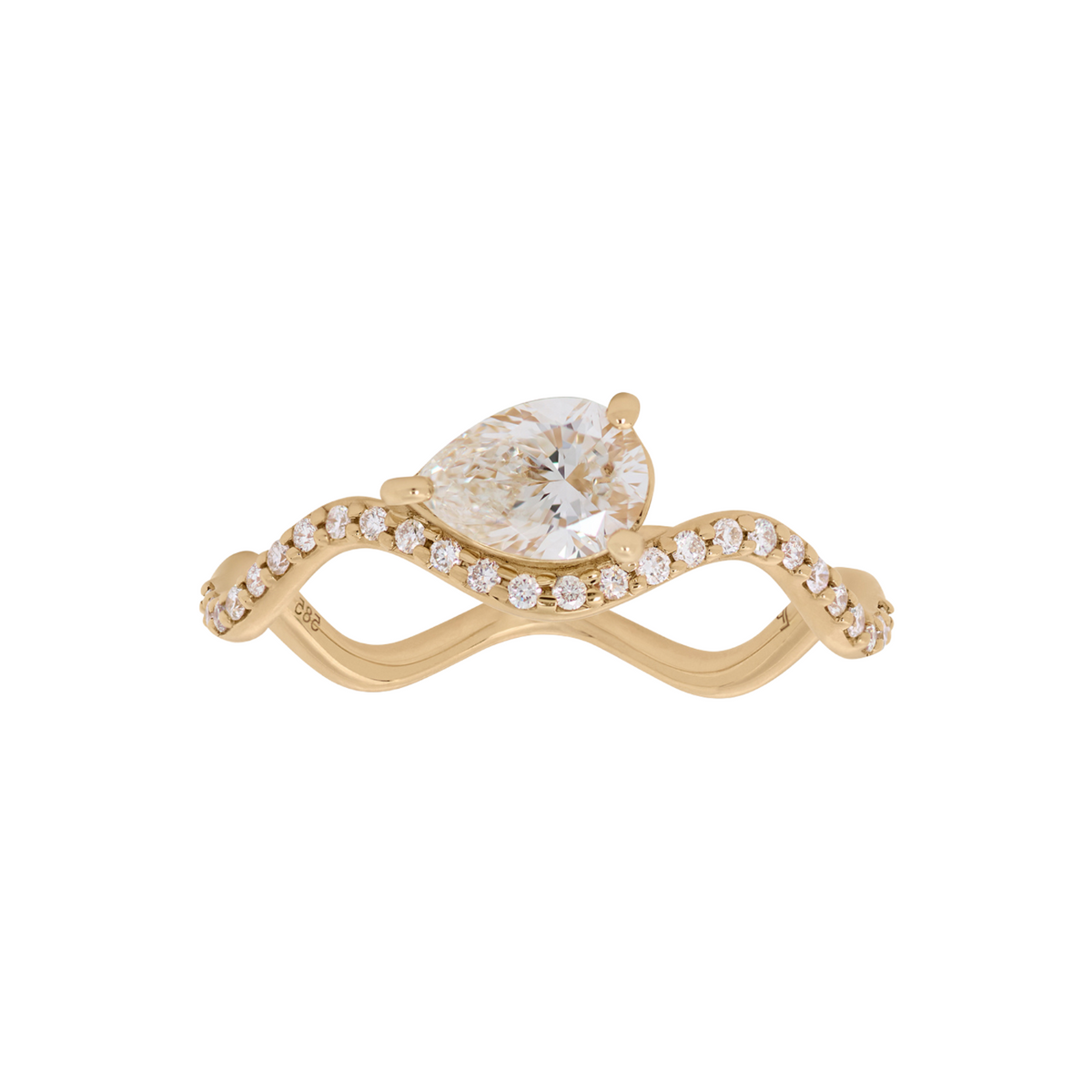 A yellow gold ring featuring a pear-cut clear center stone and a curved band paved with small round stones, shown on a plain white background.