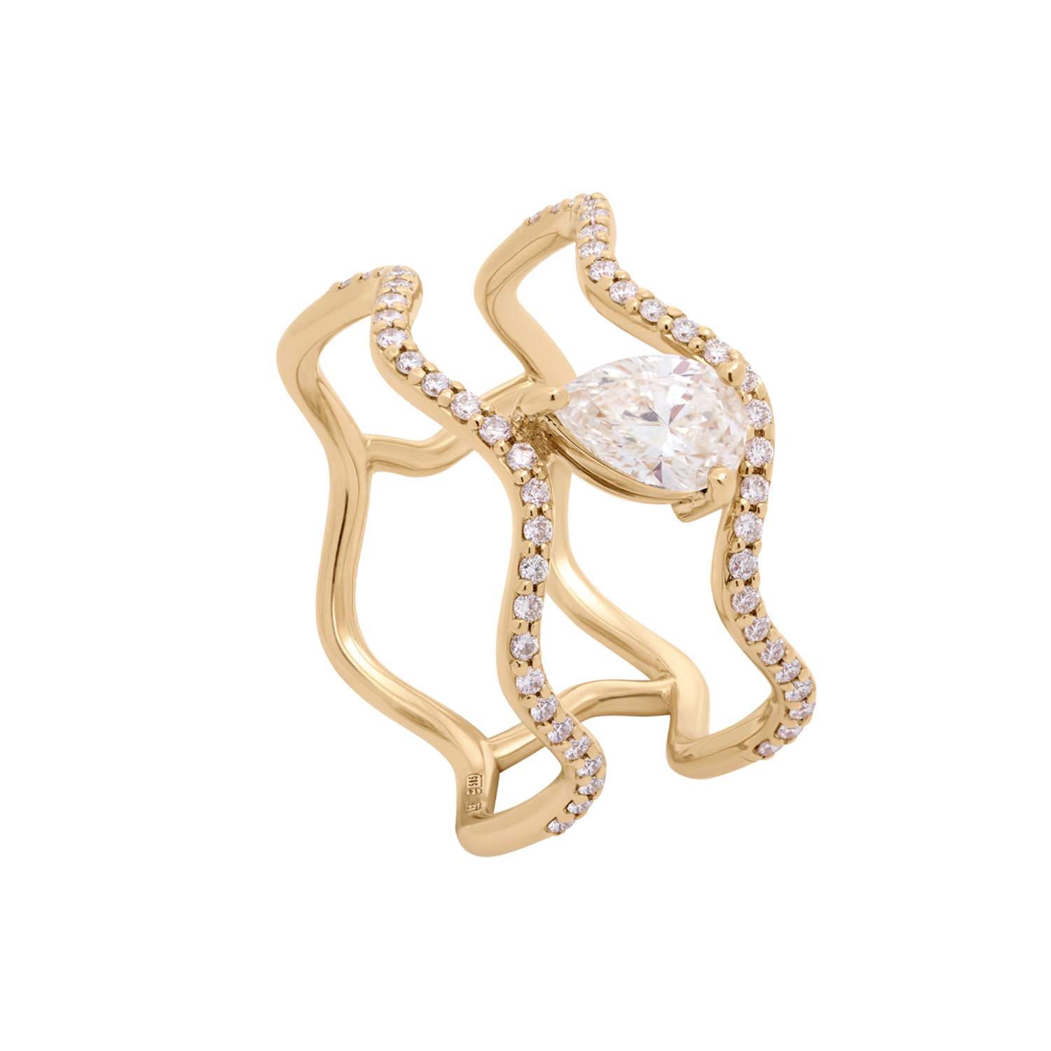 A gold ring featuring an organic, flowing openwork design set with small clear pavé stones and a large pear-cut clear center stone, shown on a plain white background.