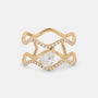 A gold wave-shaped ring with a large pear-cut clear center stone and rows of small clear stones along the curved bands, shown on a light gray background.