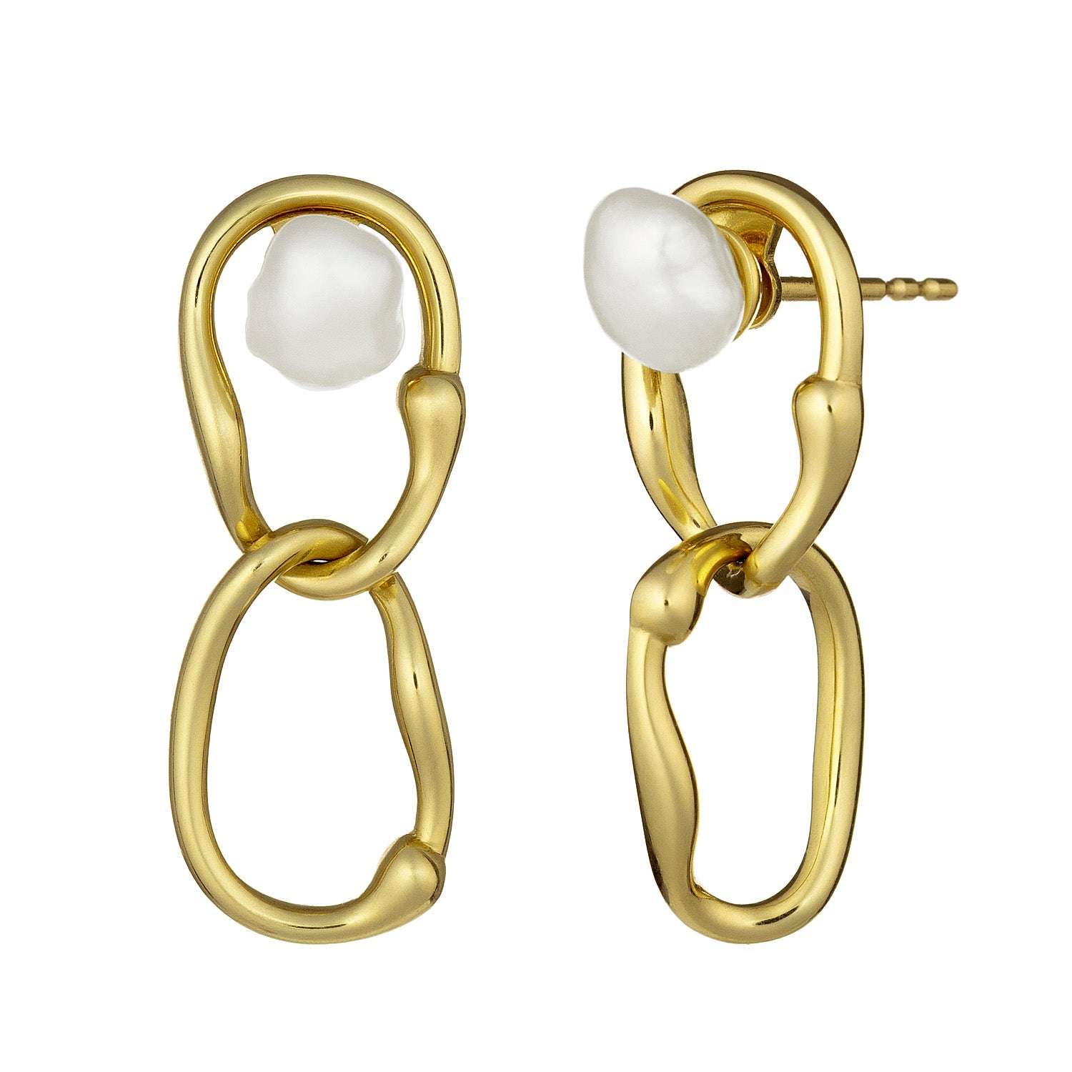 A pair of gold drop earrings with organic, wavy open loops and a white baroque pearl stud, shown on a plain white background.
