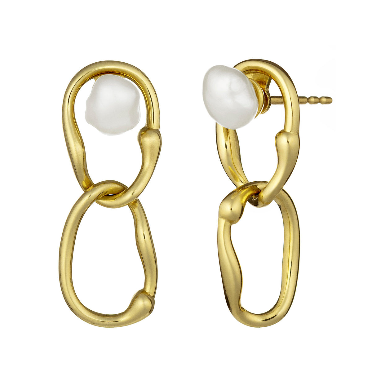 A pair of gold drop earrings with organic, wavy open loops and a white baroque pearl stud, shown on a plain white background.