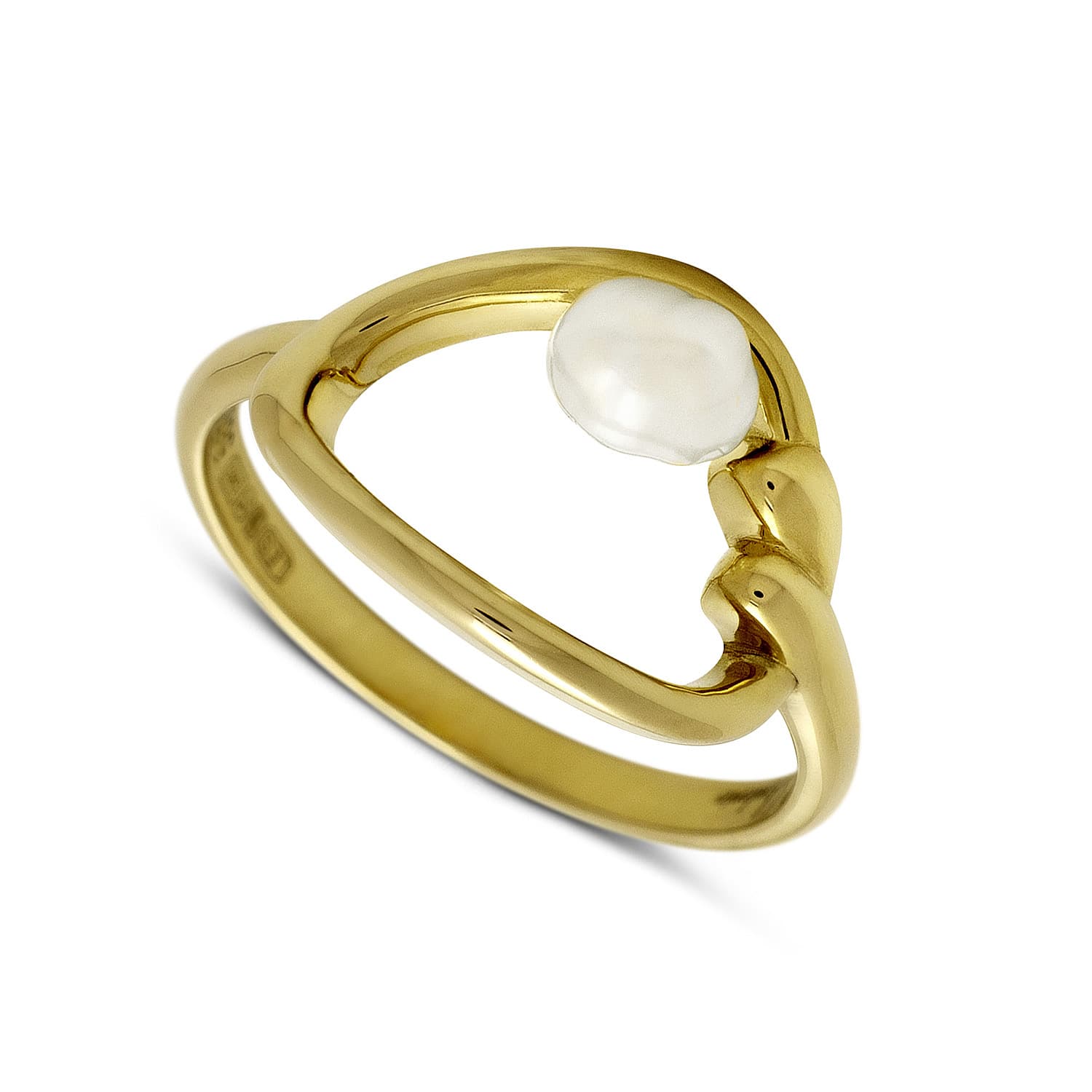 A gold ring featuring a curved, openwork band with a smooth, irregular white pearl set in one of the loop ends, shown on a clean white background.