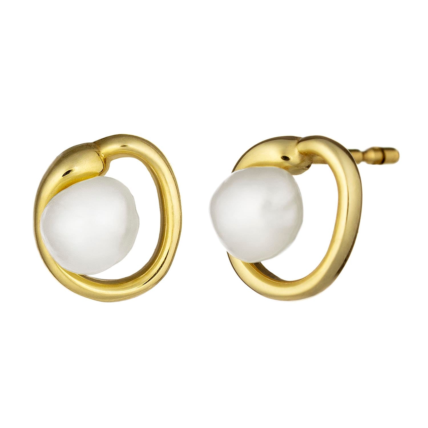A pair of gold hoop earrings with a large, smooth white pearl-like bead set inside each open hoop, shown on a plain white background.